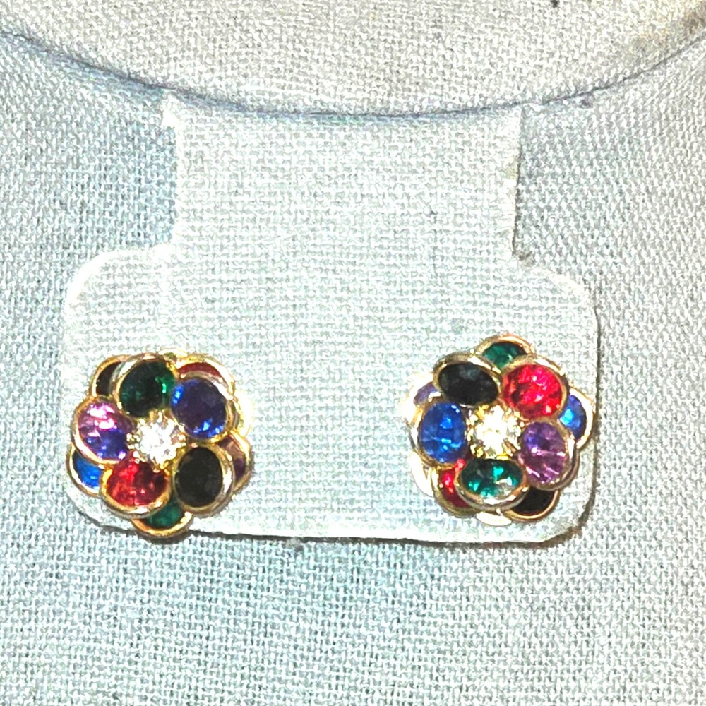 Vintage Unbranded Flower Stud Earrings Multicolored Crystal Rhinestone Gold Tone